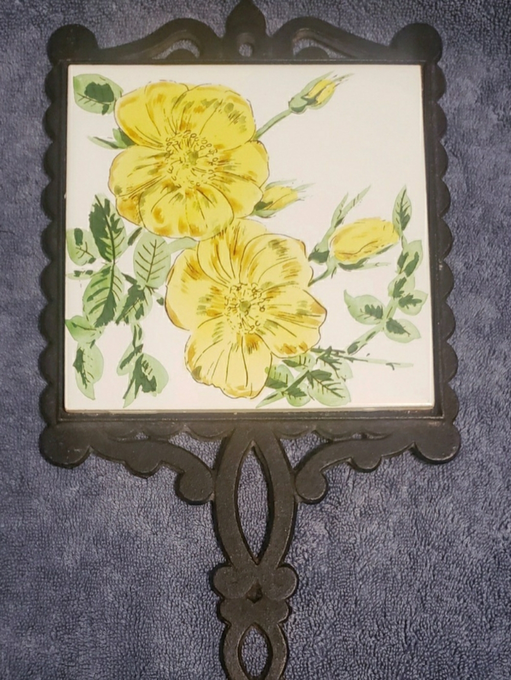 Vtg Lobeco Japan Floral Cast Iron & Ceramic Tile Trivet Hand Painted